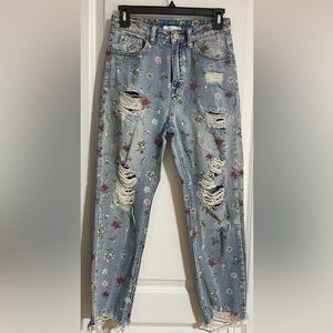 Michelle Floral Ripped High Waisted Boho Cotton Denim Jeans Size XS